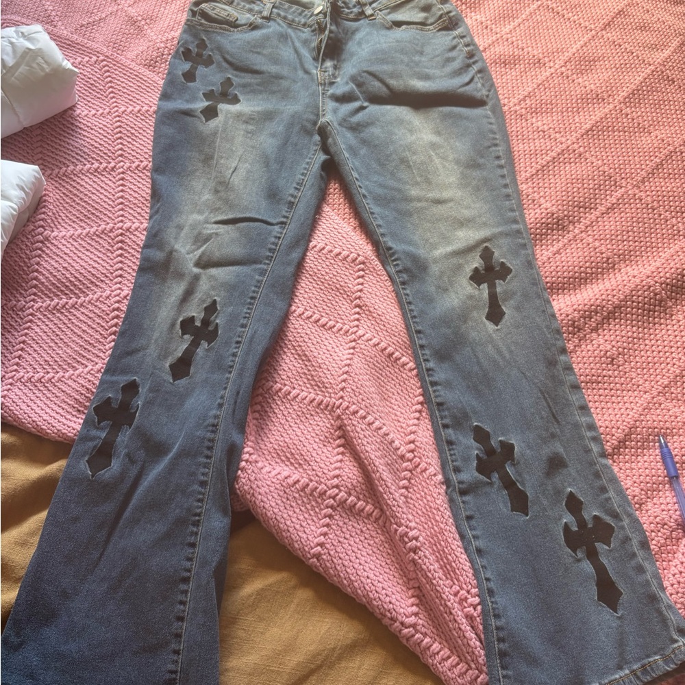 Womens Boocut Denim Jeans with Black Cross Appliqués